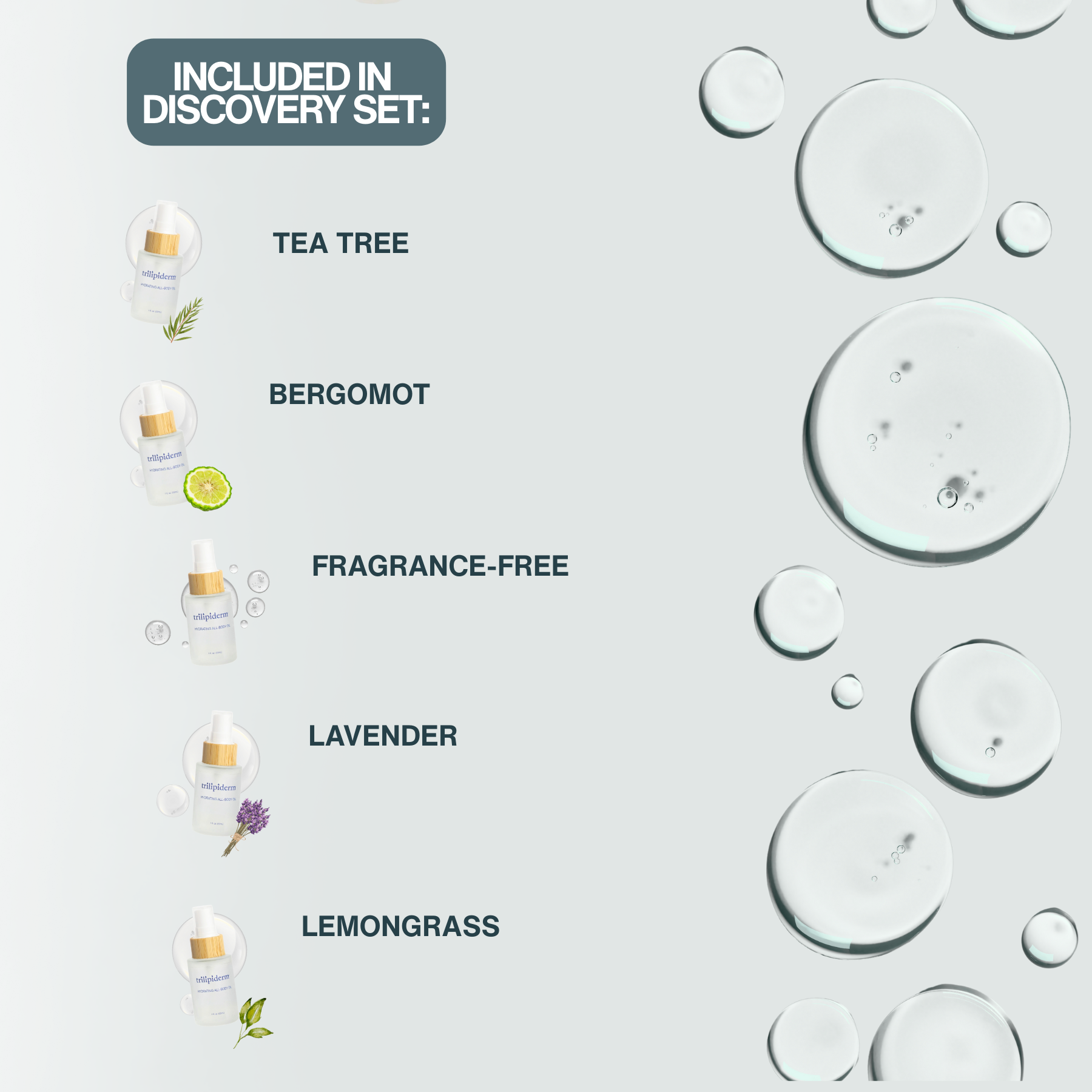 Product discovery set with tea tree, bergamot, fragrance-free, lavender, and lemongrass options on a light gray background with water droplets.