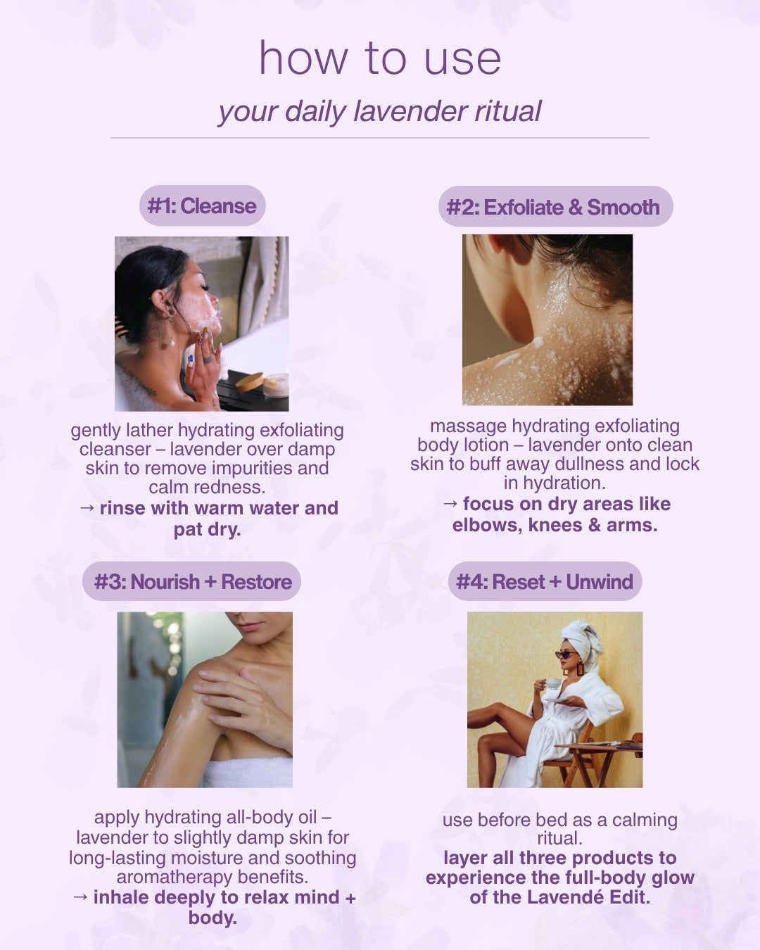 Step-by-step guide on how to use The Lavendé Edit by Trilipiderm, featuring a four-step lavender skincare ritual to cleanse, exfoliate, nourish, and unwind