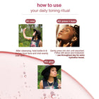 Instructions for a daily toning ritual with images of a woman outdoors and close-up of her face.Trilipiderm Youthful Complexion Rosehip Toning Elixir product overview highlighting barrier-boosting glass glow mist with instant hydration, smoother texture refinement, and skin barrier support. Frosted blush bottle with bamboo cap surrounded by pink liquid splash on white background. Luxury antioxidant facial toner for radiant skin.