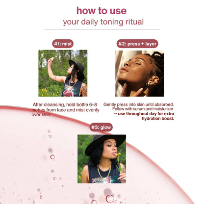 Instructions for a daily toning ritual with images of a woman outdoors and close-up of her face.Trilipiderm Youthful Complexion Rosehip Toning Elixir product overview highlighting barrier-boosting glass glow mist with instant hydration, smoother texture refinement, and skin barrier support. Frosted blush bottle with bamboo cap surrounded by pink liquid splash on white background. Luxury antioxidant facial toner for radiant skin.