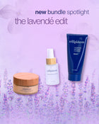 The Lavendé Edit bundle featuring Hydrating Cleanser, Lavender Face Scrub, and All-Body Oil on a lavender background