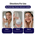 Trilipiderm Skincare Rehydration Night Crème directions for use graphic showing a three-step nighttime skincare routine: twist open the jar, scoop a quarter-size amount of rich crème, and massage upward as the final moisturizing step for hydrated, smoother-looking skin.