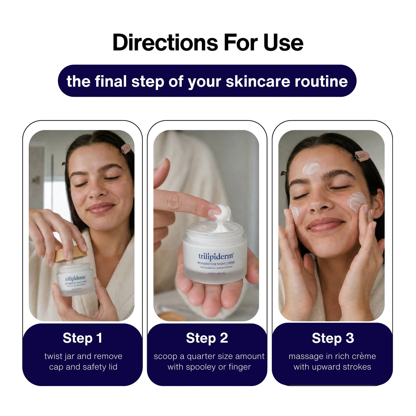 Trilipiderm Skincare Rehydration Night Crème directions for use graphic showing a three-step nighttime skincare routine: twist open the jar, scoop a quarter-size amount of rich crème, and massage upward as the final moisturizing step for hydrated, smoother-looking skin.