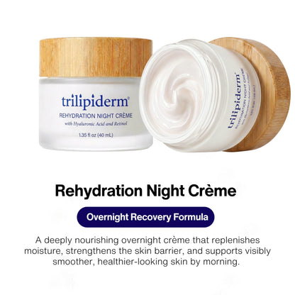 Trilipiderm Rehydration Night Crème overnight recovery formula with retinol and hyaluronic acid, shown as a luxury anti-aging night moisturizer for barrier repair and deep hydration.