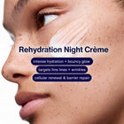 Close-up editorial skincare image of a model with rich white crème texture applied under the eye, representing Trilipiderm Rehydration Night Crème hydration benefits, retinol-powered overnight care, and a smooth, dewy, refreshed-looking complexion.