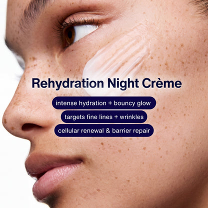 Close-up editorial skincare image of a model with rich white crème texture applied under the eye, representing Trilipiderm Rehydration Night Crème hydration benefits, retinol-powered overnight care, and a smooth, dewy, refreshed-looking complexion.