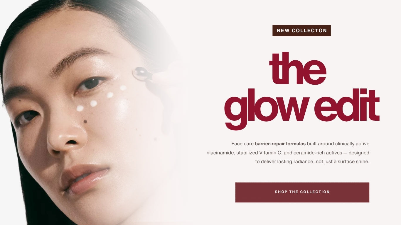 Advertisement for 'the glow edit' by trilipiderm skincare collection with a close-up of a person's face. The Glow Edit feautures barrier repairing face skincare for glowing results. Hydrating, glow-boosting, powerful actives and more.