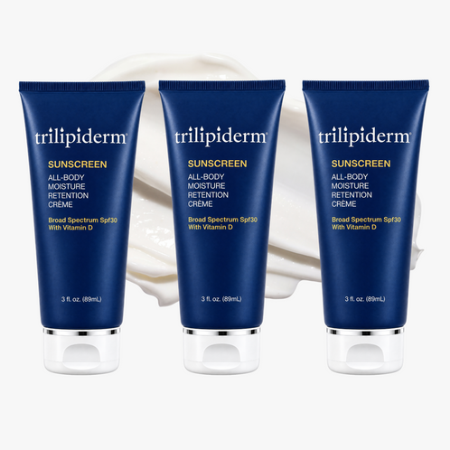 Three blue Trilipiderm All-Body Moisture Retention Crème SPF30 sunscreen tubes in 3 oz size arranged against a clean white background. Three-Pack bundle of this hydrating all body moisturizer and broad spectrum protection.