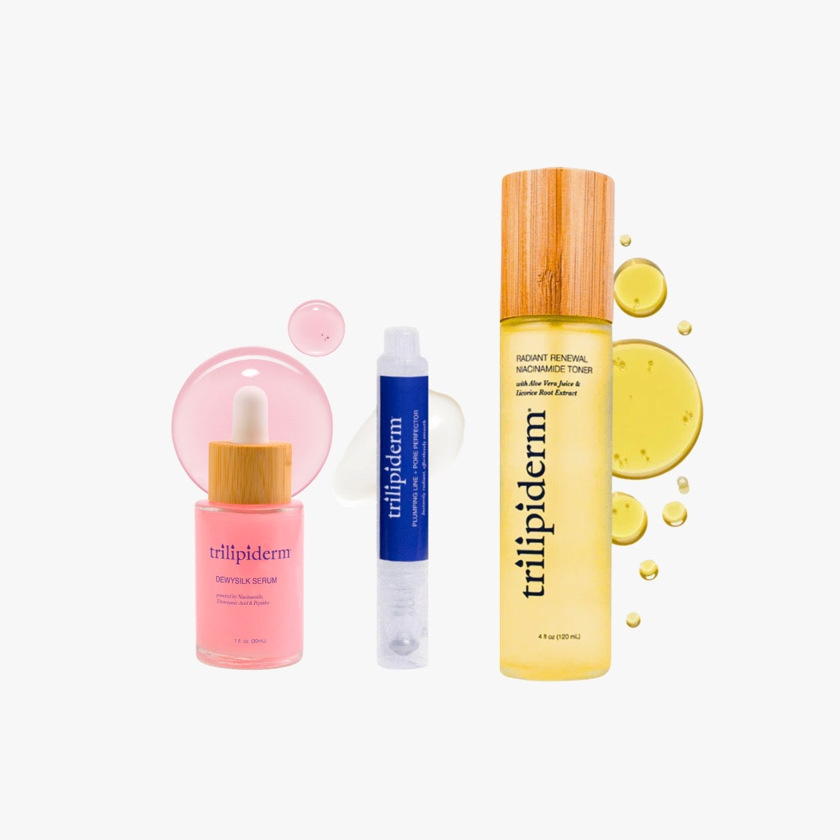 Beauty in Balance Bundle with Trilipiderm Niacinamide Toner, DewySilk Serum, and Plumping Line + Pore Perfector on white background for brightening, hydrating, and pore-smoothing skincare.