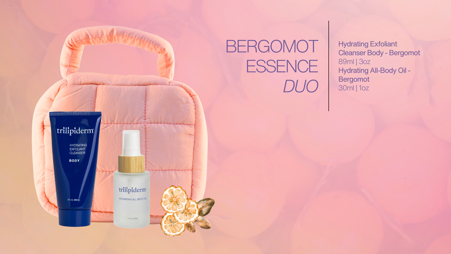 Trilipiderm Bergamot Essence Duo banner featuring Hydrating All-Body Oil and Exfoliating Cleanser in coral puffer pouch with citrus backdrop—brightening body care for radiant skin.