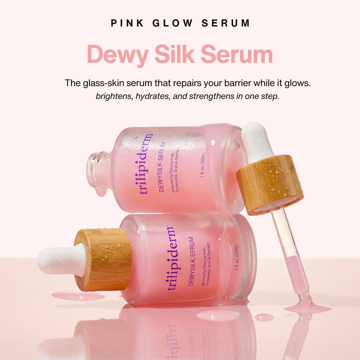 DewySilk Barrier Serum — formulated with Niacinamide, Ceramides & Peptides to rebuild your skin from the inside out. 72-hour hydration. 94% saw improved barrier strength. Visible glow in 2 weeks. 4.9 stars. The numbers speak for themselves.