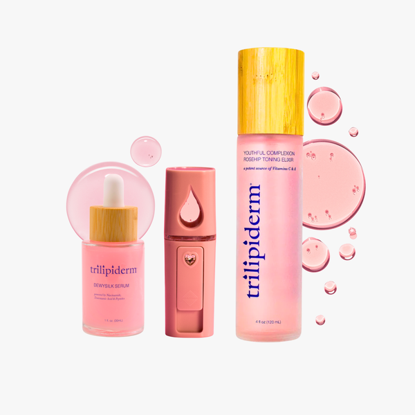 Trilipiderm DewySilk Serum and Youthful Complexion Rosehip Toning Elixir with pink skincare mister and product droplets.