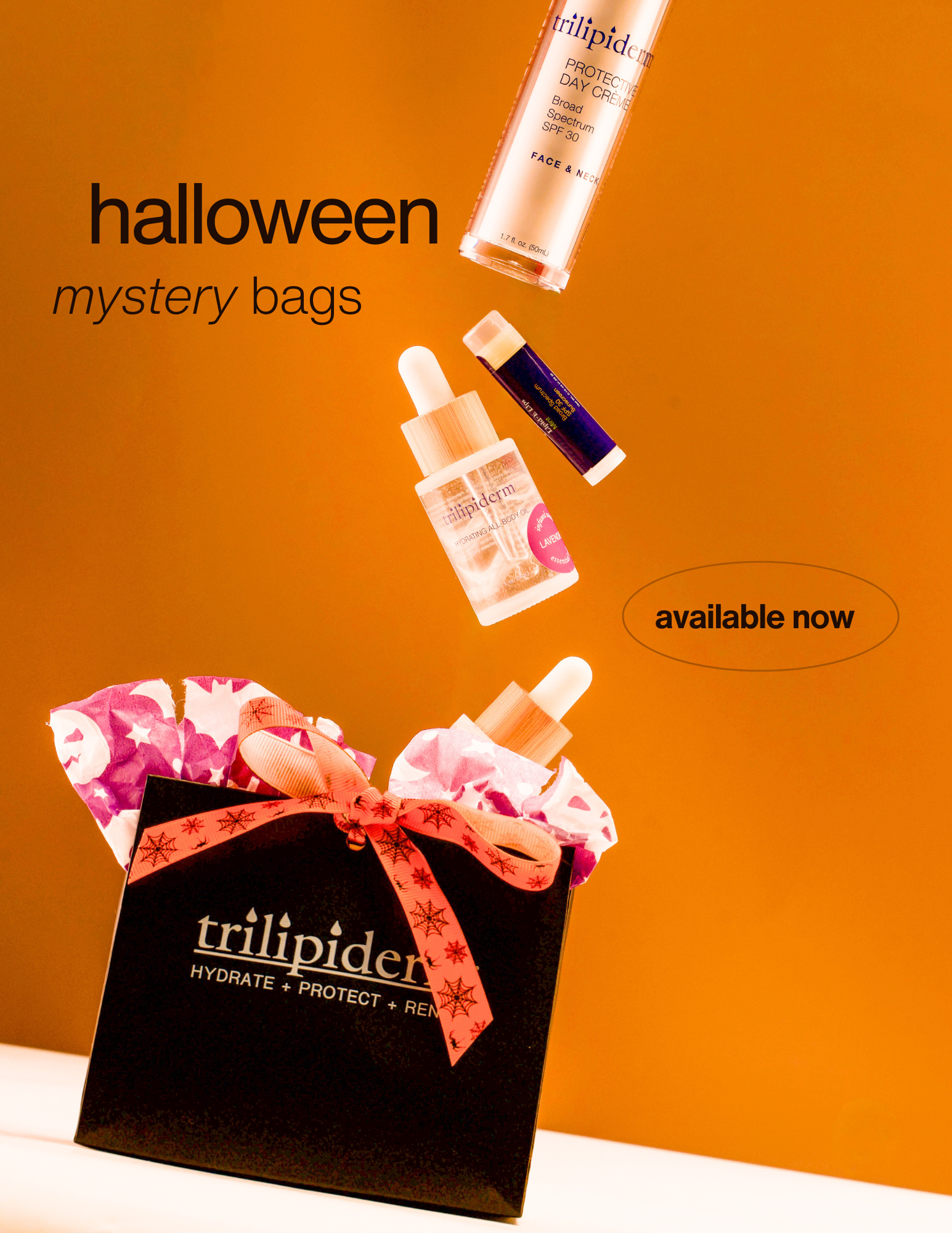 Trilipiderm Halloween Mystery Bag with skincare minis and orange festive background, promoting limited-time offer available now.
