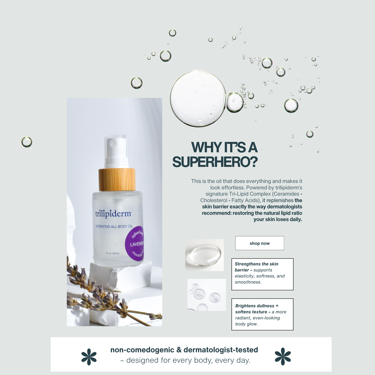 Hydrating All-Body Oil hero bottle showcasing lightweight, silky hydration with Medasynnian Lipid Complex for deep moisture and smooth radiance on grey background with water droplets