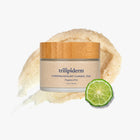 Trilipiderm Hydrating Exfoliant Cleanser for face in Bergamot, a 4 oz jar with a bamboo lid, shown with its exfoliating scrub texture and a fresh bergamot slice.