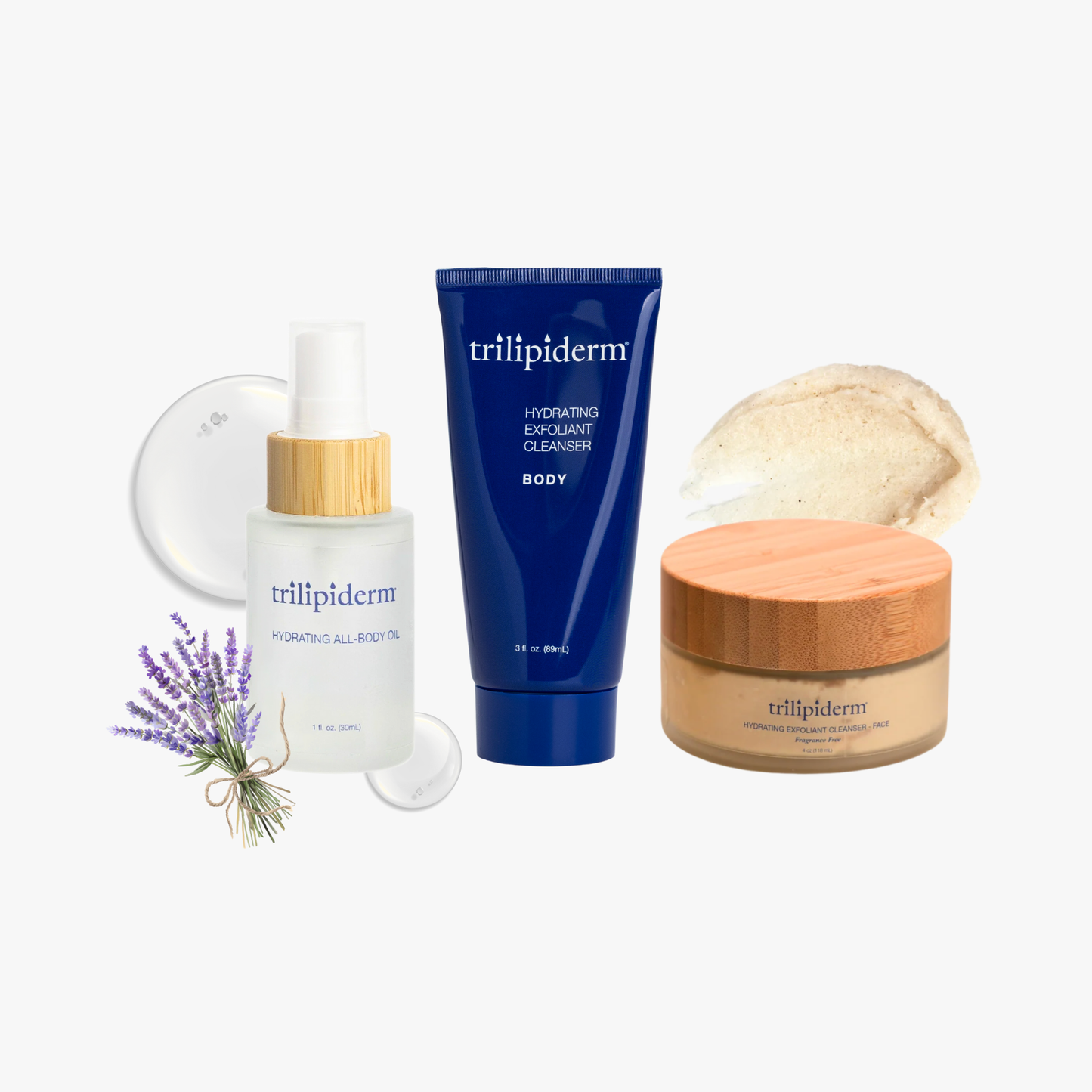 Trilipiderm Lavendè Edit limited-edition skincare bundle featuring lavender body oil, exfoliant cleanser, and face scrub