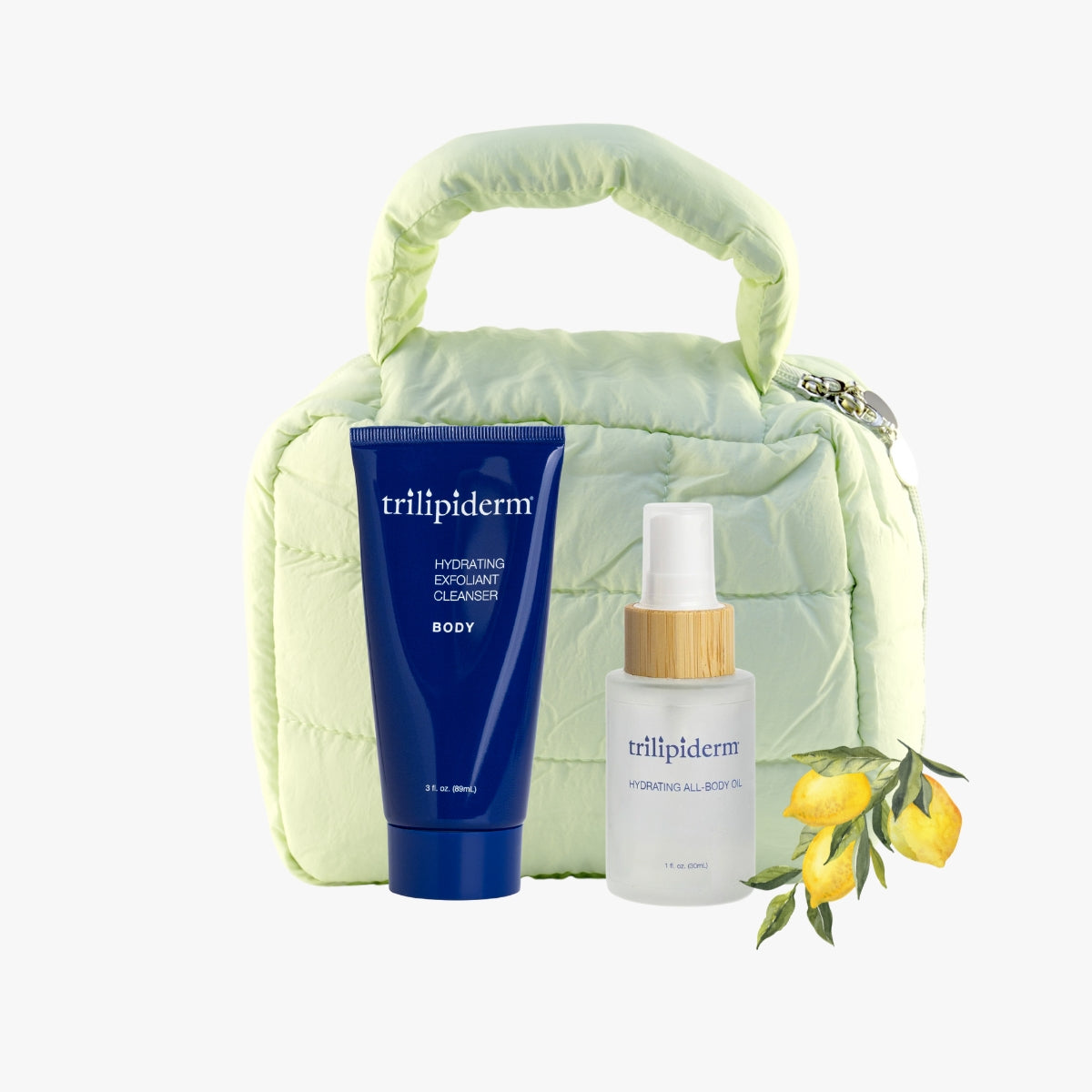Trilipiderm Lemongrass Essence Duo with Hydrating All-Body Oil and Exfoliating Cleanser in a soft green puffer pouch, refreshing natural skincare gift set