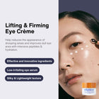 Model applying Lifting & Firming Eye Crème with cooling eye tool for hydrated glowing skin. Lightweight peptide eye cream designed to help reduce the appearance of puffiness, dullness, fine lines, and tired-looking under eyes while deeply moisturizing delicate skin with hyaluronic acid, Matrixyl peptides, green tea, and antioxidant-rich ingredients.