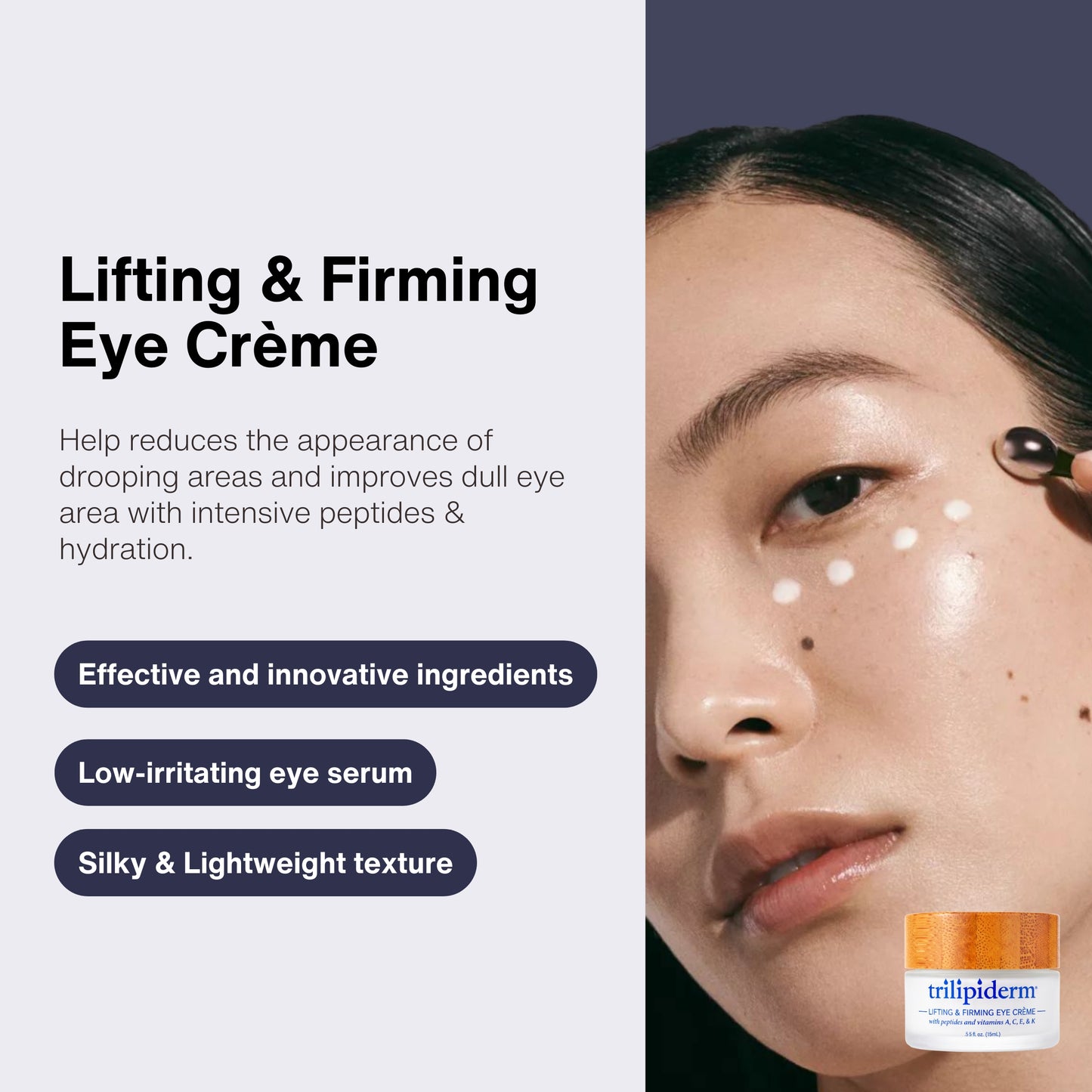 Model applying Lifting & Firming Eye Crème with cooling eye tool for hydrated glowing skin. Lightweight peptide eye cream designed to help reduce the appearance of puffiness, dullness, fine lines, and tired-looking under eyes while deeply moisturizing delicate skin with hyaluronic acid, Matrixyl peptides, green tea, and antioxidant-rich ingredients.