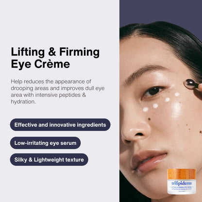 Model applying Lifting & Firming Eye Crème with cooling eye tool for hydrated glowing skin. Lightweight peptide eye cream designed to help reduce the appearance of puffiness, dullness, fine lines, and tired-looking under eyes while deeply moisturizing delicate skin with hyaluronic acid, Matrixyl peptides, green tea, and antioxidant-rich ingredients.