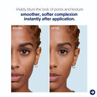 Before and after comparison of a woman's face with text indicating plumping line and pore perfector will reduce fine lines and create soft even texture.