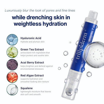 Trilipiderm Plumping Line and Pore Perfector serum pen with key ingredients hyaluronic acid green tea extract acai berry extract red algae extract and squalene — lightweight hydrating serum that blurs pores and fine lines while drenching skin in weightless hydration for a smoother plumper more radiant complexion