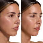 A side-by-side before and after comparison of a woman's face, showing skincare or cosmetic results. The left side is labeled 'BEFORE' and appears slightly drier or less polished, while the right side is labeled 'AFTER' and looks smoother and more radiant against a plain white background.