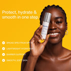 Smiling woman with radiant, hydrated-looking skin holding Trilipiderm Protective Day Crème Broad Spectrum SPF 30 face and neck sunscreen moisturizer against a vibrant yellow background. This skincare benefits infographic highlights four key features of the daily SPF moisturizer: broad-spectrum SPF 30 sun protection, lightweight hydration, skin barrier support, and smoother, softer-looking skin. Designed for everyday face and neck care, Trilipiderm Protective Day Crème combines moisturizing skincare benefits