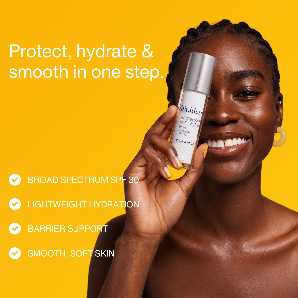 Smiling woman with radiant, hydrated-looking skin holding Trilipiderm Protective Day Crème Broad Spectrum SPF 30 face and neck sunscreen moisturizer against a vibrant yellow background. This skincare benefits infographic highlights four key features of the daily SPF moisturizer: broad-spectrum SPF 30 sun protection, lightweight hydration, skin barrier support, and smoother, softer-looking skin. Designed for everyday face and neck care, Trilipiderm Protective Day Crème combines moisturizing skincare benefits