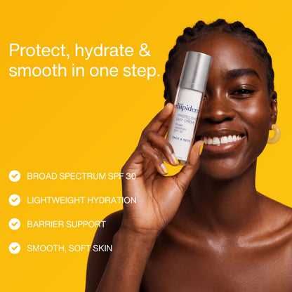 Smiling woman with radiant, hydrated-looking skin holding Trilipiderm Protective Day Crème Broad Spectrum SPF 30 face and neck sunscreen moisturizer against a vibrant yellow background. This skincare benefits infographic highlights four key features of the daily SPF moisturizer: broad-spectrum SPF 30 sun protection, lightweight hydration, skin barrier support, and smoother, softer-looking skin. Designed for everyday face and neck care, Trilipiderm Protective Day Crème combines moisturizing skincare benefits