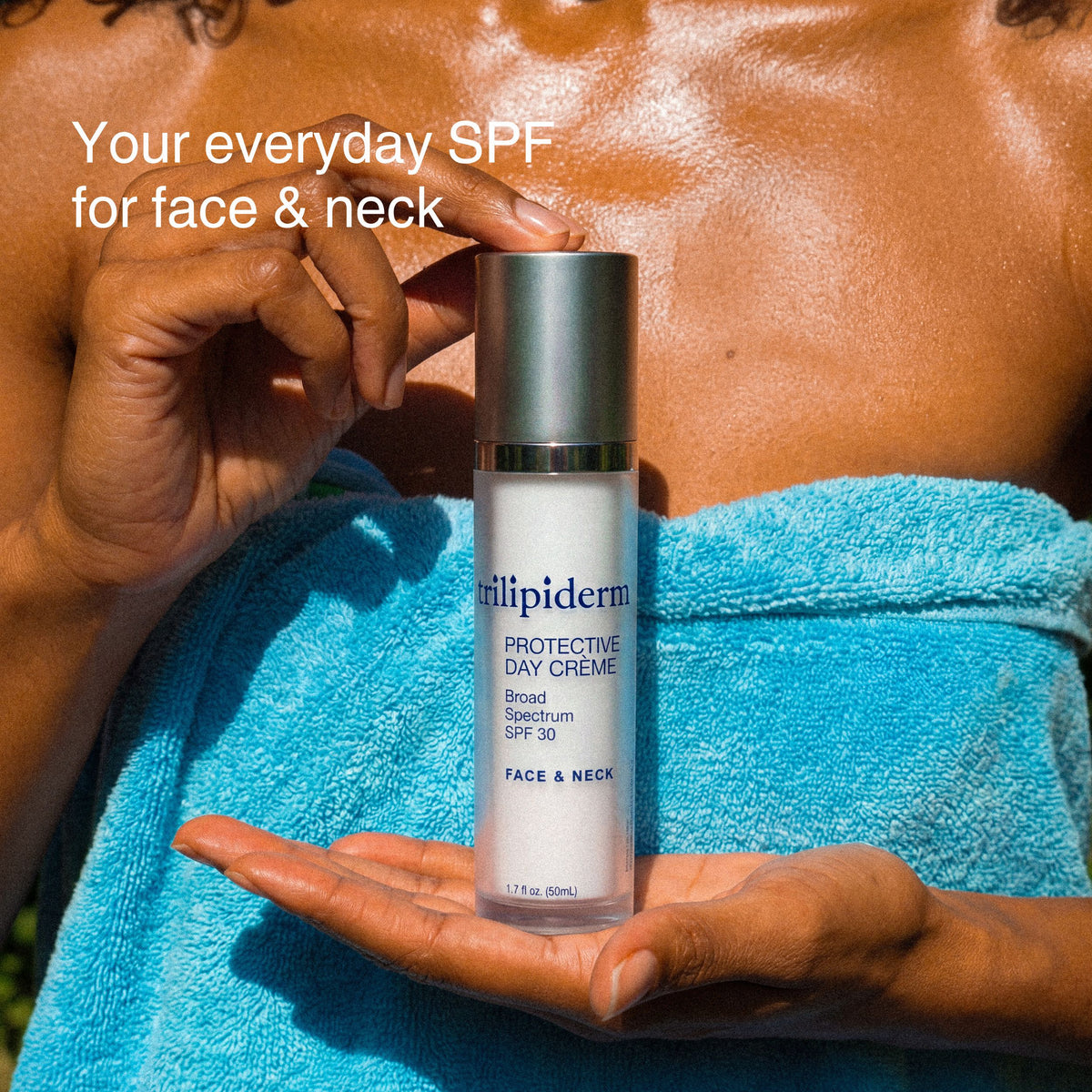 A person wrapped in a bright blue towel holds a bottle of Trilipderm Protective Day Crème SPF 30 sunscreen. White text on the image reads 'Your everyday SPF for face & neck'.
