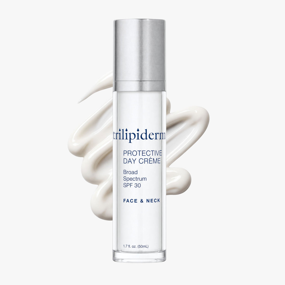 Trilipiderm Protective Day Crème Broad Spectrum SPF 30, 1.7 fl. oz. (50 mL), displayed against a clean white studio background with a rich, silky white moisturizer swatch behind the bottle. This lightweight daily face and neck sunscreen moisturizer provides broad-spectrum sun protection, hydrating skincare benefits, and skin barrier support while helping leave skin soft, smooth, and radiant.
