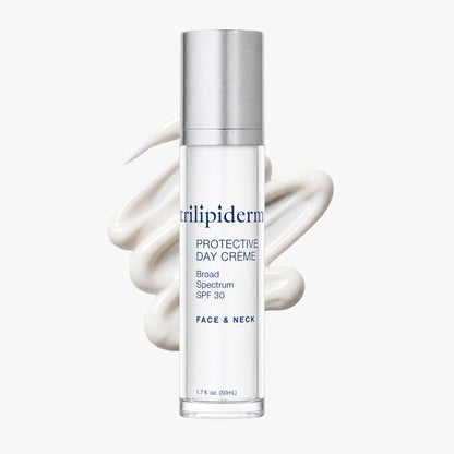 Trilipiderm Protective Day Crème Broad Spectrum SPF 30, 1.7 fl. oz. (50 mL), displayed against a clean white studio background with a rich, silky white moisturizer swatch behind the bottle. This lightweight daily face and neck sunscreen moisturizer provides broad-spectrum sun protection, hydrating skincare benefits, and skin barrier support while helping leave skin soft, smooth, and radiant.