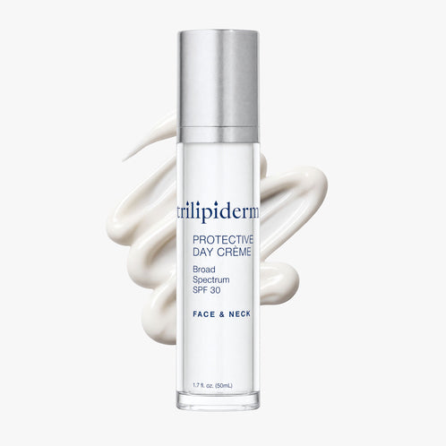 Trilipiderm Protective Day Crème Broad Spectrum SPF 30, 1.7 fl. oz. (50 mL), displayed against a clean white studio background with a rich, silky white moisturizer swatch behind the bottle. This lightweight daily face and neck sunscreen moisturizer provides broad-spectrum sun protection, hydrating skincare benefits, and skin barrier support while helping leave skin soft, smooth, and radiant.