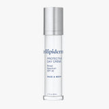 Trilipiderm Protective Day Crème Broad Spectrum SPF 30 hydrating face and neck sunscreen moisturizer, 1.7 fl. oz. (50 mL), in a sleek white bottle with a reflective silver cap and signature blue Trilipiderm branding. Photographed against a pristine white studio background, this daily facial SPF moisturizer offers broad-spectrum sun protection and lightweight hydration while supporting a soft, smooth, radiant-looking complexion.