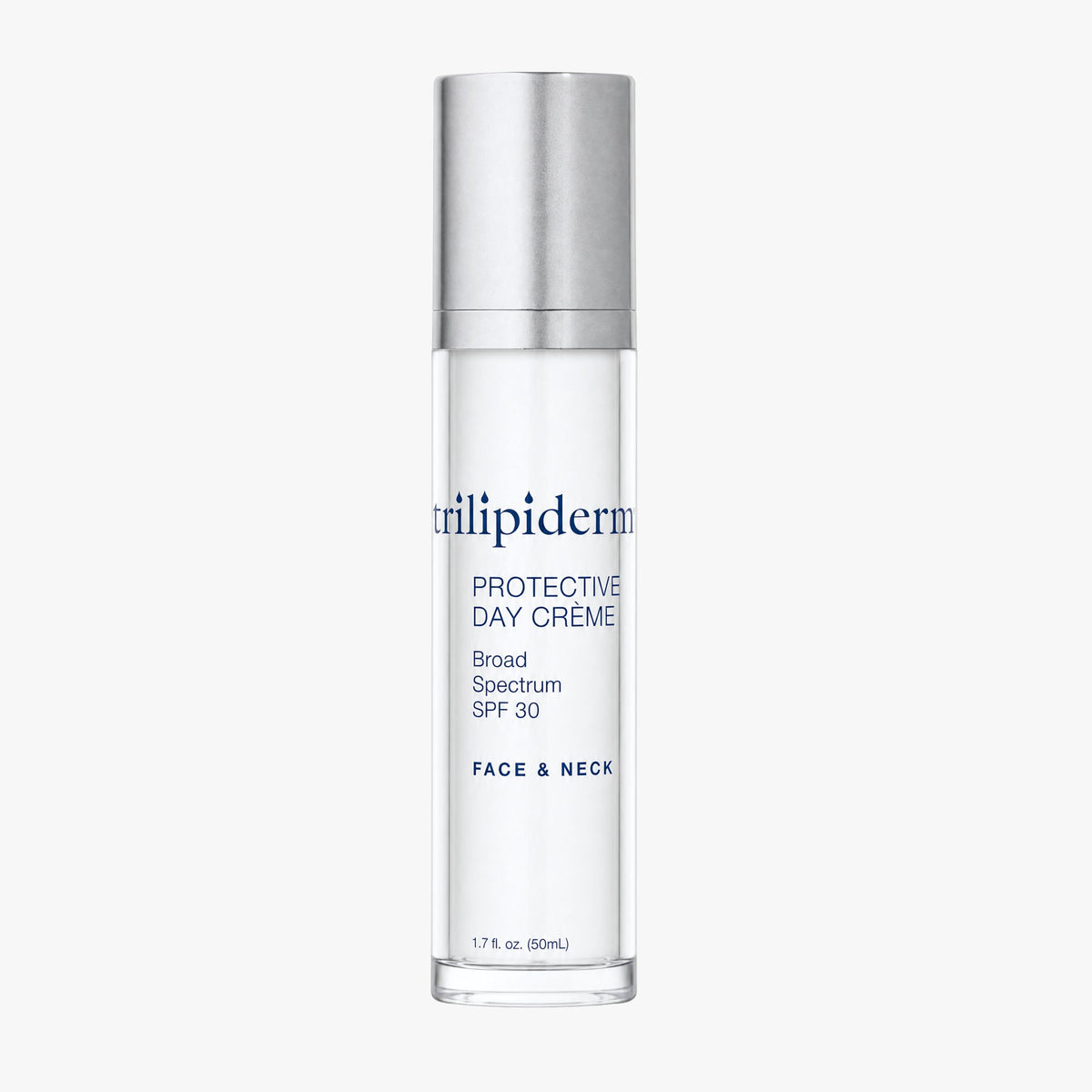 Trilipiderm Protective Day Crème Broad Spectrum SPF 30 hydrating face and neck sunscreen moisturizer, 1.7 fl. oz. (50 mL), in a sleek white bottle with a reflective silver cap and signature blue Trilipiderm branding. Photographed against a pristine white studio background, this daily facial SPF moisturizer offers broad-spectrum sun protection and lightweight hydration while supporting a soft, smooth, radiant-looking complexion.