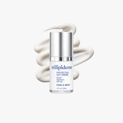 Trilipiderm Protective Day Crème Broad Spectrum SPF 30 mini travel-size sunscreen moisturizer, 0.5 fl. oz. (15 mL), featuring a sleek silver-capped bottle with a glossy white cream texture swatch behind it. This compact facial SPF moisturizer combines lightweight hydration and broad-spectrum sun protection for everyday face and neck care, helping maintain soft, smooth, healthy-looking skin.