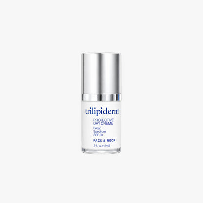 Trilipiderm Protective Day Crème Broad Spectrum SPF 30 mini face and neck sunscreen moisturizer, 0.5 fl. oz. (15 mL), photographed on a clean white studio background. The travel-size skincare bottle features a polished silver cap, white packaging, and deep blue Trilipiderm logo. This lightweight daily SPF moisturizer combines broad-spectrum sun protection with hydrating skincare benefits, making it a convenient size for travel and everyday sun protection. Copy alt text