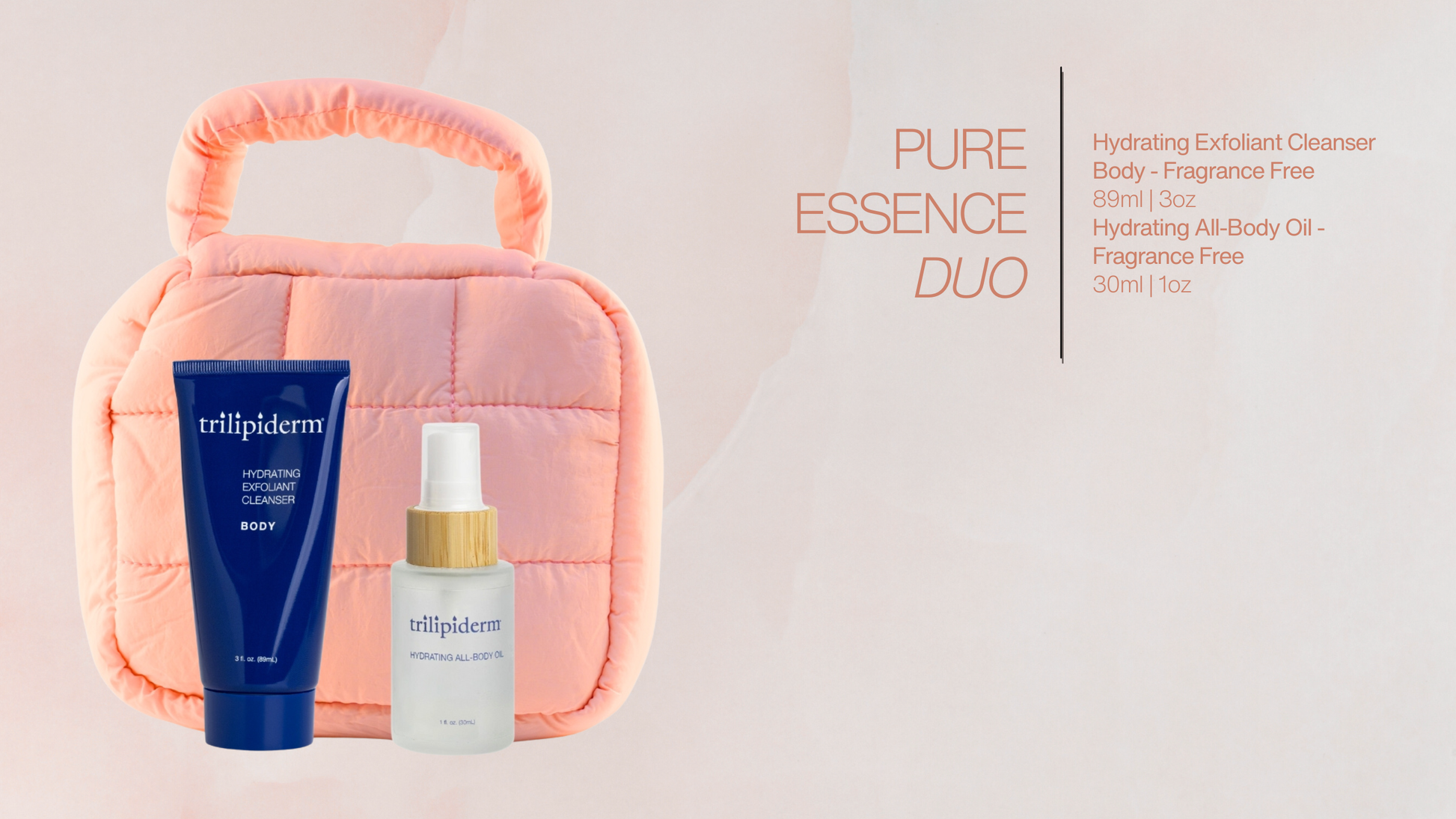 Trilipiderm Pure Essence Duo banner with Fragrance-Free Exfoliating Cleanser and Hydrating All-Body Oil in peach puffer pouch—gentle, nourishing skincare for sensitive skin.