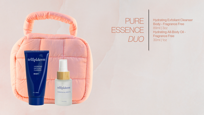 Trilipiderm Pure Essence Duo banner with Fragrance-Free Exfoliating Cleanser and Hydrating All-Body Oil in peach puffer pouch—gentle, nourishing skincare for sensitive skin.