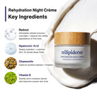 Trilipiderm Rehydration Night Crème key ingredients graphic featuring retinol, hyaluronic acid, chamomile, and vitamin E alongside the luxury night moisturizer jar, designed to deeply hydrate, soothe visible redness, support barrier repair, and smooth the look of fine lines.