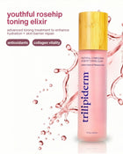 Trilipiderm Youthful Rosehip Toning Elixir hydrating facial mist toner in frosted pink glass bottle with bamboo cap, surrounded by rose-toned liquid splash on white background. Antioxidant-rich rosehip complex supports skin barrier repair, collagen vitality, and daily hydration. Lightweight facial toner spray designed to refresh makeup, enhance glow, and improve skin texture for all skin types including sensitive.