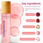 Trilipiderm Rosehip Toning Elixir key ingredients infographic showing rosehip extract, Vitamins C and A, antioxidant complex, hydrating humectants, and soothing botanical actives. Frosted blush glass bottle with bamboo cap alongside translucent pink serum bubbles illustrating lightweight barrier-boosting glass-skin hydration.