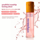 Trilipiderm Youthful Complexion Rosehip Toning Elixir product overview highlighting barrier-boosting glass glow mist with instant hydration, smoother texture refinement, and skin barrier support. Frosted blush bottle with bamboo cap surrounded by pink liquid splash on white background. Luxury antioxidant facial toner for radiant skin.