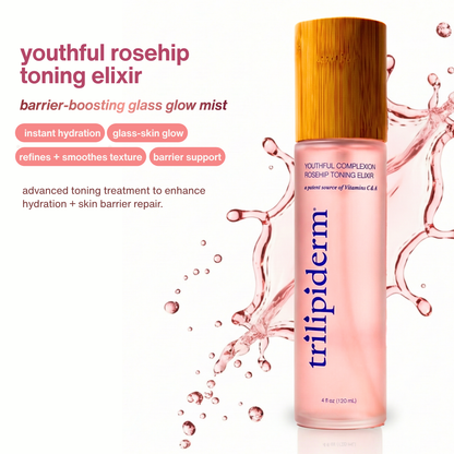Trilipiderm Youthful Complexion Rosehip Toning Elixir product overview highlighting barrier-boosting glass glow mist with instant hydration, smoother texture refinement, and skin barrier support. Frosted blush bottle with bamboo cap surrounded by pink liquid splash on white background. Luxury antioxidant facial toner for radiant skin.