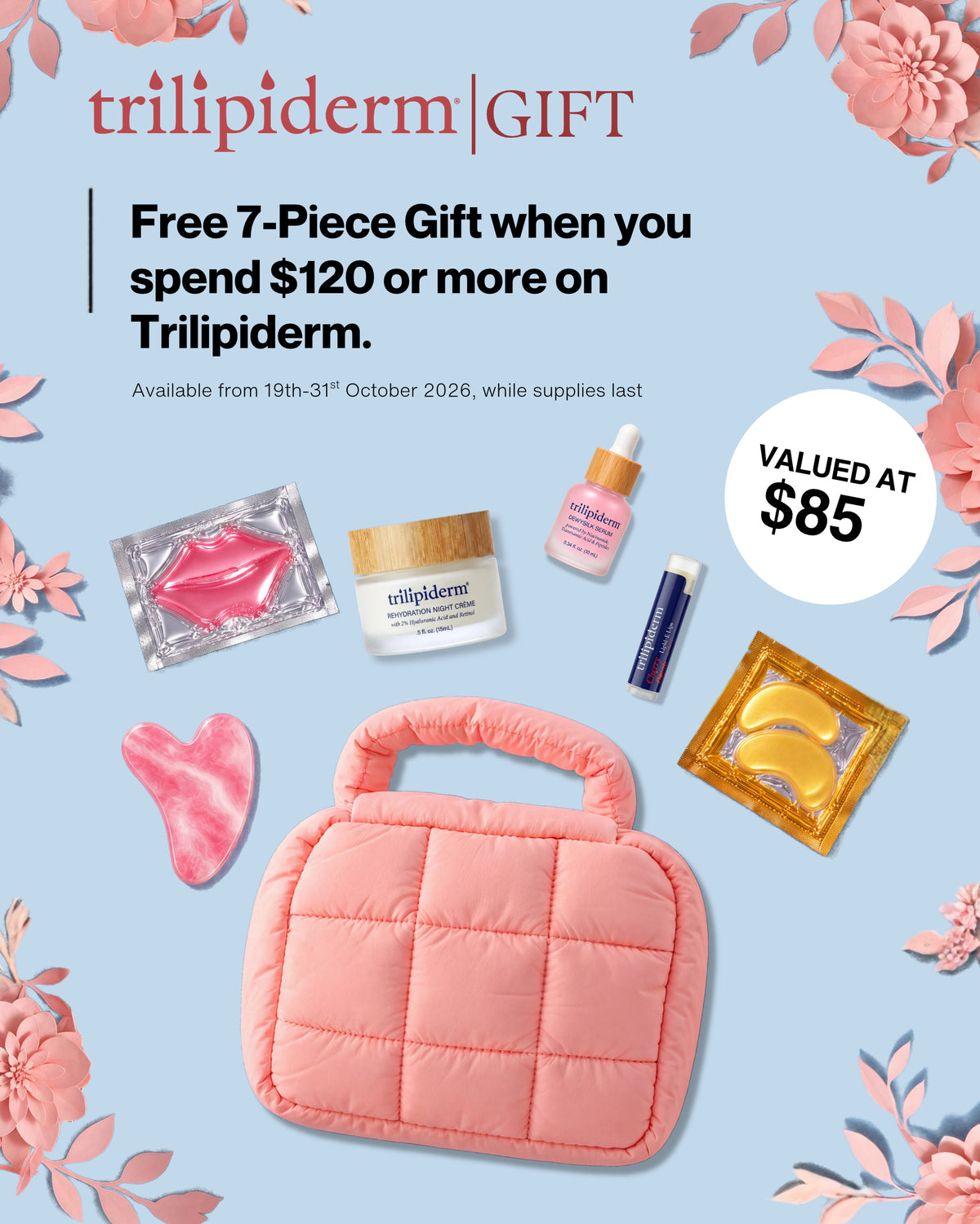 Promotional graphic for Trilipiderm Gift set on a light blue background with floral corner decorations. The main item shown is a pink quilted handbag-shaped cosmetic pouch, surrounded by smaller Trilipiderm products including lip product, cream jar, serum bottle, tube, and yellow sheet masks.
