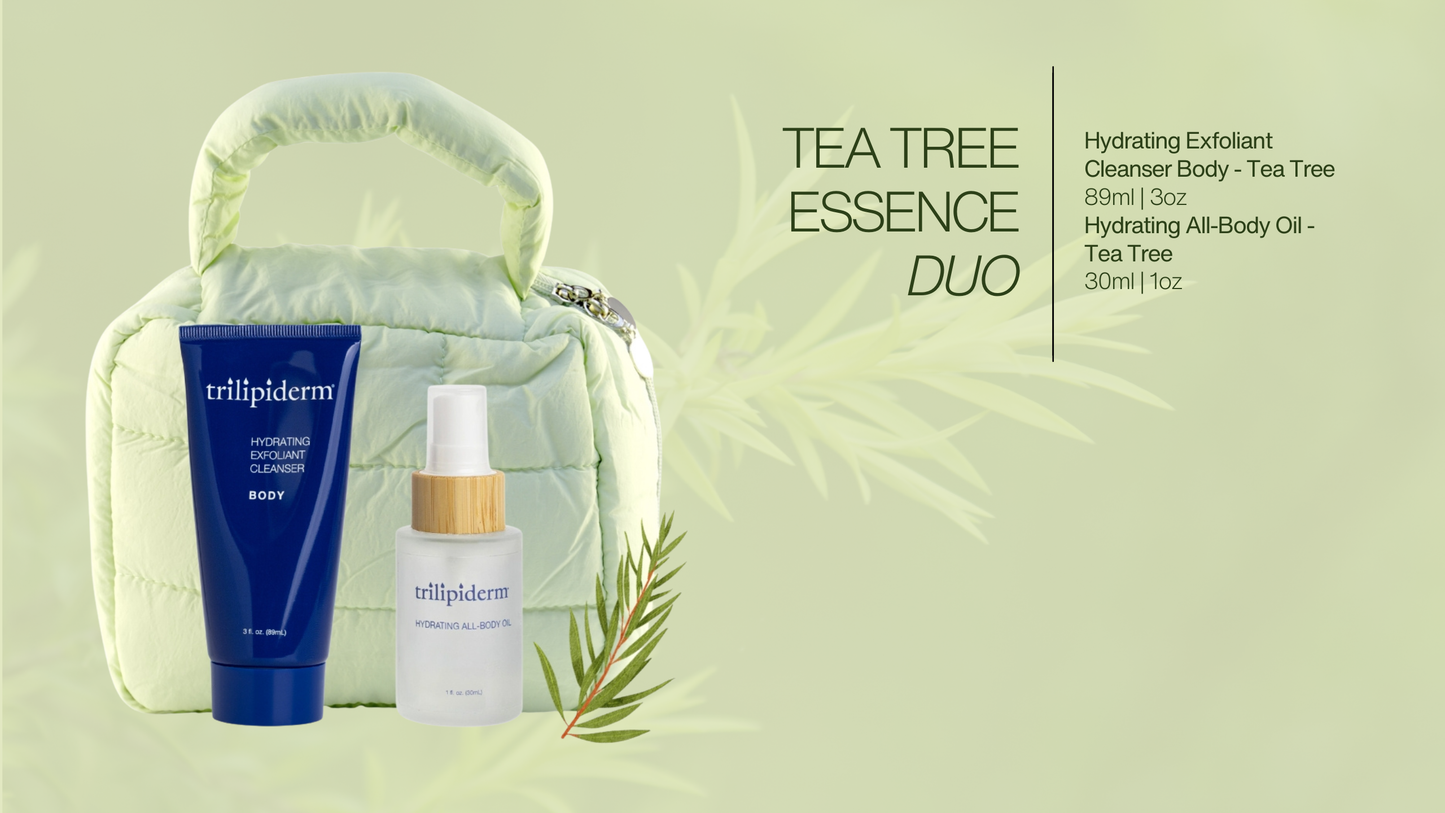 Trilipiderm Tea Tree Essence Duo banner with purifying Exfoliating Cleanser and All-Body Oil in green puffer pouch—refreshing and clarifying skincare for smooth, balanced skin.