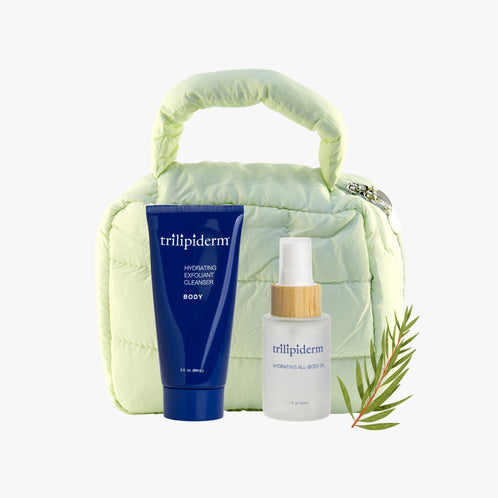 Trilipiderm Lemongrass Essence Duo with Hydrating All-Body Oil and Exfoliating Cleanser in a soft green puffer pouch, refreshing natural skincare gift set.