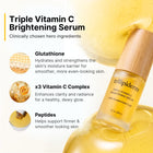 Trilipiderm Triple Vitamin C Brightening Serum bottle shown on a clean light background with ingredient callouts and golden serum graphics. Trilipiderm Skincare Triple Vitamin C Brightening Serum featuring glutathione, peptides, hyaluronic acid, triple vitamin C complex, encapsulated gold, antioxidant skincare, radiance support, brightening care, and even-looking skin benefits.