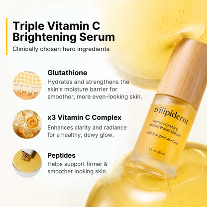 Trilipiderm Triple Vitamin C Brightening Serum bottle shown on a clean light background with ingredient callouts and golden serum graphics. Trilipiderm Skincare Triple Vitamin C Brightening Serum featuring glutathione, peptides, hyaluronic acid, triple vitamin C complex, encapsulated gold, antioxidant skincare, radiance support, brightening care, and even-looking skin benefits.